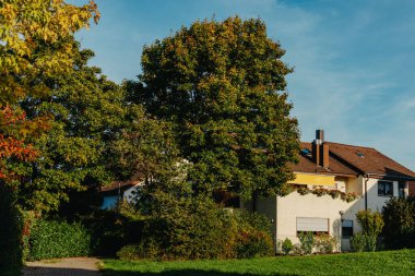 Old white cottage in cozy town. Street view landscape old city, little houses on sunset. Old architecture street front view. Calm old town street. Stone white pink rural cottages and summer gardens.