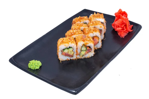 Kuchnia Japońska Sushi Roll Krewetkami Conger Awokado Tobiko Ser Sushi — Zdjęcie stockowe
