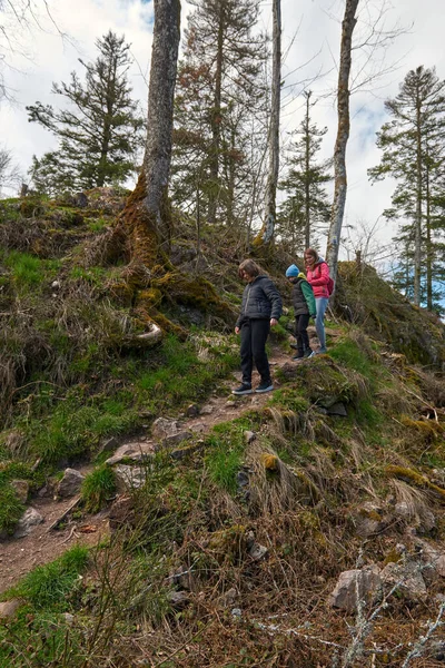 山の中で家族のハイキング旅行冒険休暇グループハイカーは赤ちゃんとカップルトレッキング屋外健康的なライフスタイルエコツーリズム — ストック写真