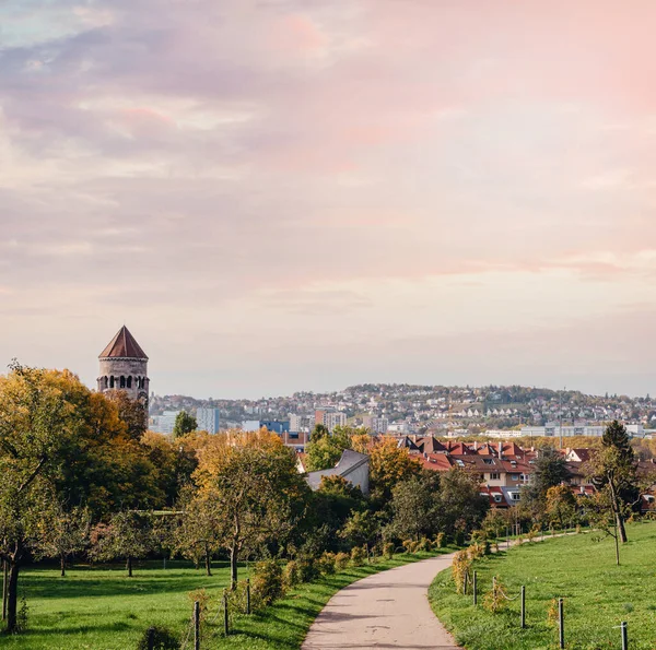 Almanya, Stuttgart panorama manzarası. Sonbaharda güzel evler, gökyüzü ve doğa manzarası. Stuttgart 'taki üzüm bağları - Almanya' nın güneyinde Neckar Vadisi manzaralı renkli şarap yetiştirme bölgesi