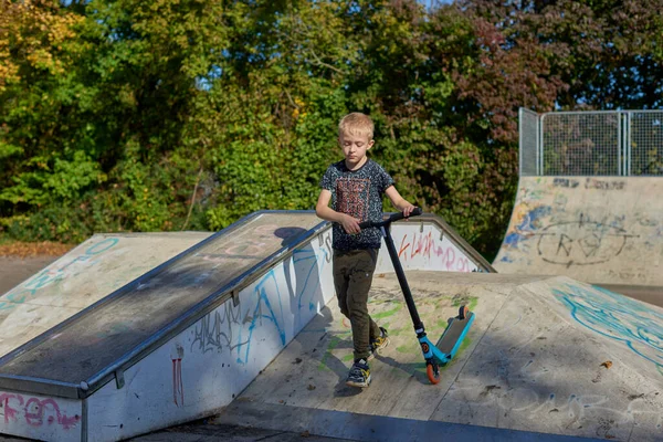 Barn Sparkcykel Parken Barn Lär Sig Åka Rullbräda Liten Pojke — Stockfoto