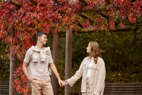 Pasangan Muda Jatuh Cinta Berjalan Taman Musim Gugur Berpegangan Tangan Stok Foto Bebas Royalti
