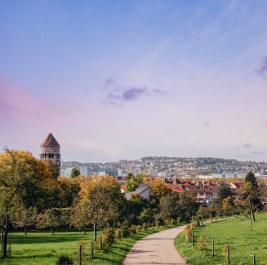 Almanya, Stuttgart panorama manzarası. Sonbaharda güzel evler, gökyüzü ve doğa manzarası. Stuttgart 'taki üzüm bağları - Almanya' nın güneyinde Neckar Vadisi manzaralı renkli şarap yetiştirme bölgesi