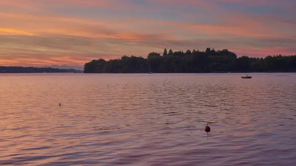 Bodensee Lake Sunrise Panorama Morgen Zonlicht Boven Tranquil Waters Aanschouw Rechtenvrije Stockafbeeldingen