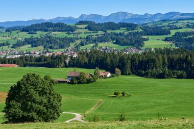 Alpine Foothills Charm: Çiftçi Çiftlikleriyle Yaşayan Kırsal Dağcılık. Dağ Kır Sükuneti Ele Geçirildi Çiftçiler Konutları, Çayırlar ve Gökyüzü. Doğa Örtüsü Tanımlandı: Eko