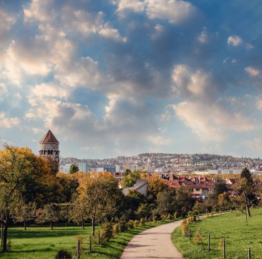 Almanya, Stuttgart panorama manzarası. Sonbaharda güzel evler, gökyüzü ve doğa manzarası. Stuttgart 'taki üzüm bağları - Almanya' nın güneyinde Neckar Vadisi manzaralı renkli şarap yetiştirme bölgesi