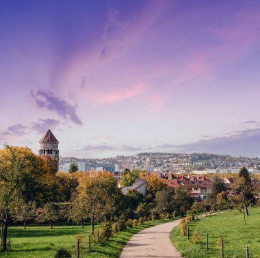 Almanya, Stuttgart panorama manzarası. Sonbaharda güzel evler, gökyüzü ve doğa manzarası. Stuttgart 'taki üzüm bağları - Almanya' nın güneyinde Neckar Vadisi manzaralı renkli şarap yetiştirme bölgesi