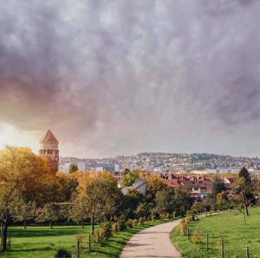 Almanya, Stuttgart panorama manzarası. Sonbaharda güzel evler, gökyüzü ve doğa manzarası. Stuttgart 'taki üzüm bağları - Almanya' nın güneyinde Neckar Vadisi manzaralı renkli şarap yetiştirme bölgesi