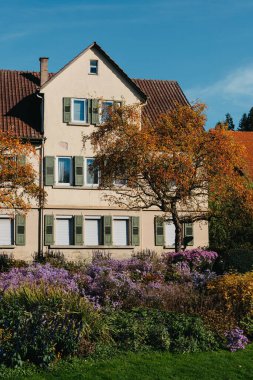 House with nice garden in fall. Flowers in the Park. Bietigheim-Bissingen. Germany, Europe. Autumn Park and house, nobody, bush and grenery clipart