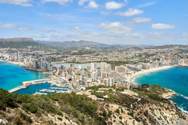 stock image Picturesque Mediterranean Paradise: Aerial Perspective of Calpes Coastline Showcasing Beach, Sea, and Towering Rock Formation