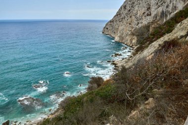 Resimli Deniz Manzarası Harmanlanmış Engebeli Sahil Koyu Sörf Sonsuz Mavi Ufuk Nihai Doğa Turizmi Hedefi