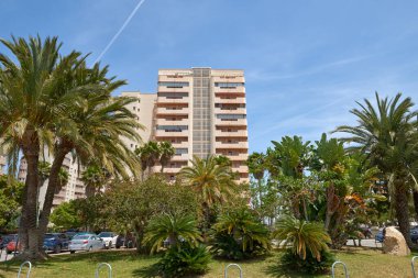 Modern İspanyol Metropolü: Pürüzsüz gökdelenler ve Berrak Yaz Gökyüzü tarafından Çerçevelenmiş Lush Palm Trees. Idyllic Spanish Cityscape: Yüksek Binalı Mimari ve Palmiye Ağaçları Yaz Güneşi 'nin Sıcaklığında Parlıyor