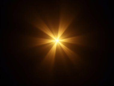 Ethereal Lens Flare and Golden Sunburst on Pitch Black Background with High Contrast and No Visible Light Source. This striking image features an ethereal lens flare and a brilliant golden sunburst clipart