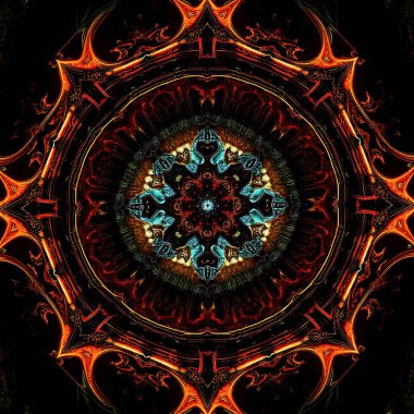 This mesmerizing abstract illustration combines intricate fractal patterns with vibrant psychedelic colors to create a stunning visual experience. The image features a symmetrical mandala-like clipart