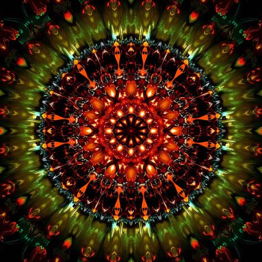 Bu büyüleyici soyut illüstrasyon karmaşık fraktal desenleri canlı psikedelik renklerle birleştirip çarpıcı bir görsel deneyim yaratıyor. Görüntü simetrik bir mandala benziyor.