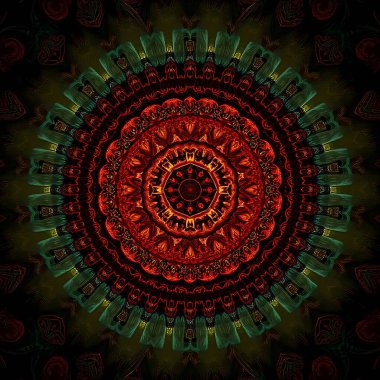 This mesmerizing abstract illustration combines intricate fractal patterns with vibrant psychedelic colors to create a stunning visual experience. The image features a symmetrical mandala-like clipart