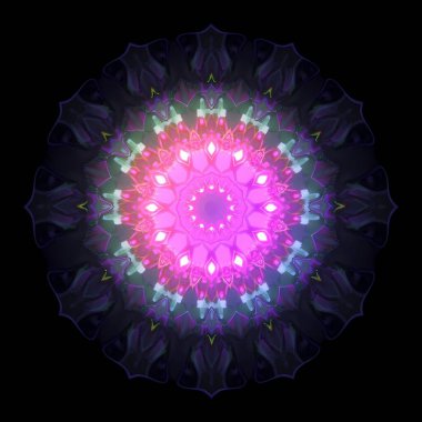Bu büyüleyici soyut illüstrasyon karmaşık fraktal desenleri canlı psikedelik renklerle birleştirip çarpıcı bir görsel deneyim yaratıyor. Görüntü simetrik bir mandala benziyor.