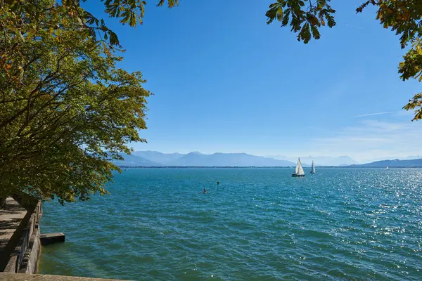 Lindau Showcasing White Yelkenlileri ve İsviçre Alpleri 'ndeki Bodensee' nin Ağaç Kemeri Arasından Görünümü. Idyllic Yaz Günü Avrupa Tatil Cenneti 'ni Denizcilik, Doğa ve Dağ Vistaları ile Ele Geçiriyor