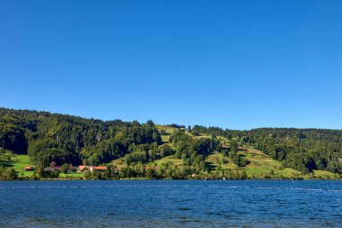 Alpine Lakeside Village Green Hills 'te Eko-Friendly Mountain Homes ile birlikte. Resimli Kırsal Manzara Gösterileri Çevresel Uyum ve Idyllic Taşra Alanında Sürdürülebilir Yaşam. Bu...