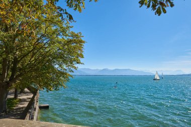 Lindau Showcasing White Yelkenlileri ve İsviçre Alpleri 'ndeki Bodensee' nin Ağaç Kemeri Arasından Görünümü. Idyllic Yaz Günü Avrupa Tatil Cenneti 'ni Denizcilik, Doğa ve Dağ Vistaları ile Ele Geçiriyor