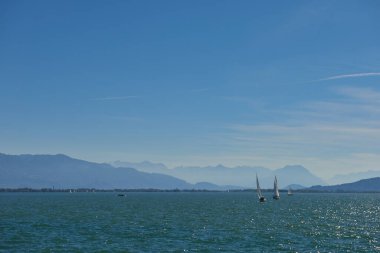Bodensee 'nin nefes kesici Panorama' sı. Beyaz yelkenliler ve Lindau, Almanya 'dan İsviçre Alpleri. Idyllic Yaz Sahnesi Avrupa Tatil Cenneti Şovu Yelkencilik, Doğa ve Dağ Vistalarını Yakalıyor