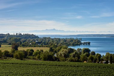 Bu çarpıcı görüntü Constance Bodensee Gölü 'nün ufuk çizgisinde yükselen görkemli Alp zirveleriyle panoramik bir görüntüsünü sergiliyor. Önü üzüm bağlarıyla bezelidir, üzüm bağlarıyla bezelidir.