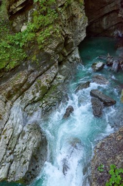 Dağ yamacı boyunca uzanan Manzaralı Yürüyüş Yolu ile Alp Vadisi Bozulmamış Dere ve Lush Vadisi. Serene Wilderness Manzarası Çevre dostu Çevre ve Çevre Uyumunu Yakalıyor