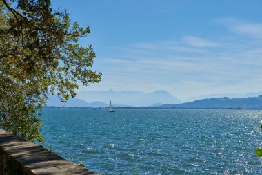 Bu çarpıcı görüntü, Almanya 'nın Lindau kentindeki doğal bir ağaç kemeri tarafından çerçevelenmiş Bodensee Gölü Constance manzarasını yakalar. Sahnede gölde süzülen beyaz yelkenliler var.