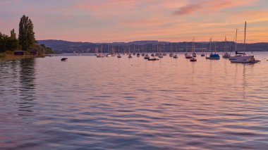 Bodensee Lake Panorama. Evening, twilight, setting sun, picturesque landscape, serene waters, boats and yachts at the dock, beautiful sky with clouds reflecting in the water, riverside at dusk clipart