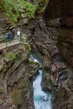 Dağ yamacı boyunca uzanan Manzaralı Yürüyüş Yolu ile Alp Vadisi Bozulmamış Dere ve Lush Vadisi. Serene Wilderness Manzarası Çevre dostu Çevre ve Çevre Uyumunu Yakalıyor
