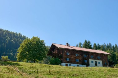 Bu büyüleyici görüntü, açık mavi gökyüzünün altında Alpler 'in görkemli zirveleriyle çevrili yemyeşil alp çayırlarında yuva yapmış kırsal ahşap bir kulübeyi betimliyor. Cennet gibi bir ortam, dağ yabanda yazın özünü yakalar.