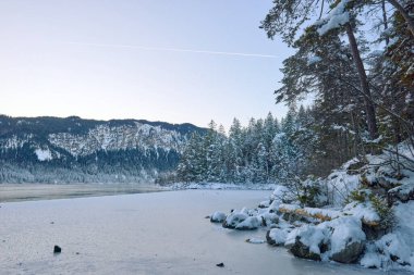Büyüleyici Alacakaranlık Alp Harikalar Diyarı: Eibsee Gölü Karlı Zugspitze Dağı 'nı Aydınlatılmış Çam Ormanı' nın ortasına yansıtıyor Kış Büyüleyici Manzarası Alman Kayak Resimlerinin Huzurlu Güzelliğini Alacakaranlıkta Yakalıyor. Bu nefes kesici akşam sahnesinde...