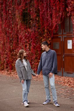 Genç Sevimli Kadın Hugs erkek. Sonbahar açık. Lovers Park'ta yürüyordunuz. Çekici komik çift. Ormandaki lovestory. Erkek ve kadın. Parkta şirin severler. Aile kavramı. Mutlu çift.