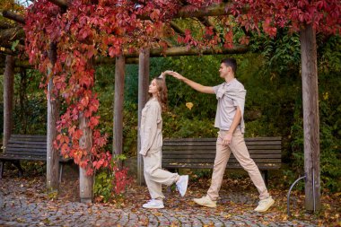 Genç Sevimli Kadın Hugs erkek. Sonbahar açık. Lovers Park'ta yürüyordunuz. Çekici komik çift. Ormandaki lovestory. Erkek ve kadın. Parkta şirin severler. Aile kavramı. Mutlu çift.