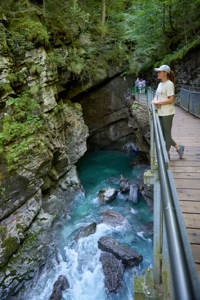 Yazın Alplerde Yürüyüş Yolu 'nda Manzaralı Dağ Nehri Manzarası İzleyen Çarpıcı Genç Kadın. Idyllic Alpine Manzarası Açık Hava Macerası ve Doğal Güzelliğin Özünü Yakalıyor. Bu büyüleyici görüntüde genç ve güzel bir kadın var.