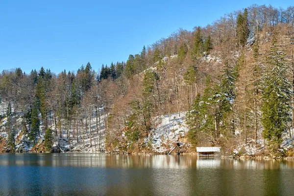 Bu yüksek çözünürlüklü fotoğraf berrak mavi gökyüzünün altında sakin ve resimli bir göl manzarası yakalıyor. Merkezi odak noktası sakin, yansıtıcı bir göldür. Yüzeyinde hafif bir dalgalanma deseni vardır. Çevresini güzelce yansıtır.