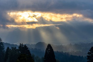 Tepelerdeki bulutlar ve Alman Alplerindeki ormanlarda parlayan dramatik güneş ışığı.