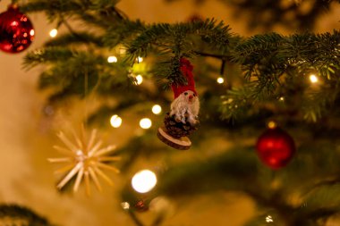 Güzel süslenmiş bir Noel ağacı renkli süsler ve kaprisli bir dekorasyon içerir. Işıkların yumuşak parıltısı sıcak bir tatil atmosferi yaratır, kutlamaya davetiye çıkarır..