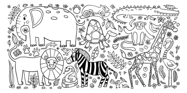 Stock vector playful jungle set coloring page featuring a variety of animals like elephant, lion, giraffe, and more, surrounded by flora and fauna, perfect for childrens educational activities.