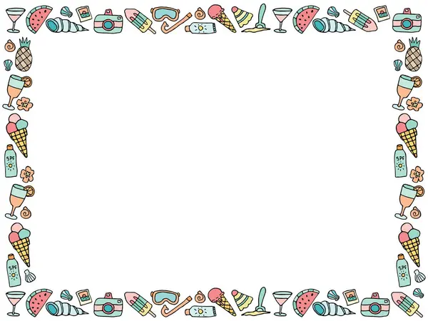 Doodle plaj unsurları çerçeve, basit dikdörtgen yaz tatili sınırı, davetiye kartı güneşli tasarım.