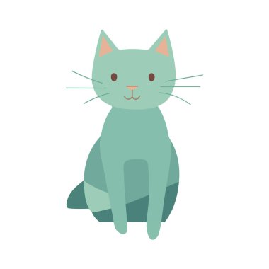 Şirin yeşil çizgi film kedisi mutlu bir ifadeyle oturuyor, beyaz bir arka planda izole edilmiş..