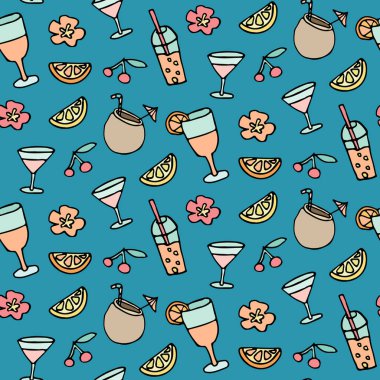 Bu tropikal kokteyllerle yazın tadını çıkarıyorum. Menüler, duvar kağıtları ve daha fazlası için kusursuz bir plaj karalama vektör deseni.