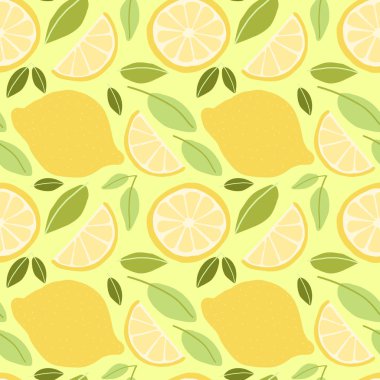 Limon, dilim ve yeşil yapraklı kusursuz limon desenli sarı bir arka plan..
