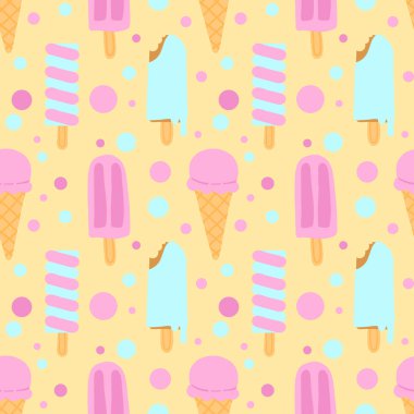 Puantiyeli pastel sarı arka planda buzlu şeker ve koni desenli kusursuz dondurma deseni..