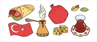 Türkiye 'nin kebap dürümü, nar, şam fıstığı, Türk çayı, lokum ve bayrağı, Türkiye' nin zengin aşçılık geleneğini temsil ediyor.