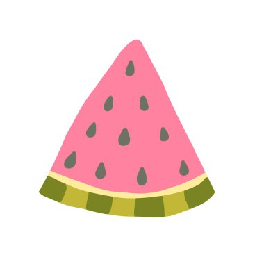 Pembe et, siyah tohum ve yeşil kabuklu karpuz diliminin basit ve canlı bir çizimi. Yaz temaları için mükemmel, sağlıklı beslenme, ya da neşeli ve renkli tasarımlar için. Mevsimlik ideal