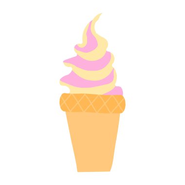 Waffle külahında pembe ve sarı kıvrımlı dondurmalı yumuşak servis dondurma tasviri. Tasarım basit ve sevimli, yaz ya da tatlı temalı grafikler için mükemmel..