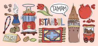 İstanbul şehir simgeleri, Türk kahvesi, tramvay, Galata Kulesi ve sokak yemeklerinin renkli bir çizimi.