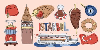 Gıda, mimari ve sembollerin yer aldığı İstanbul 'un tarihi ve kültürel simgelerinin renkli çizimi.
