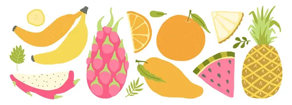 Muz, ananas, mango, ejderha meyvesi, portakal ve karpuz içeren renkli tropikal meyveler..